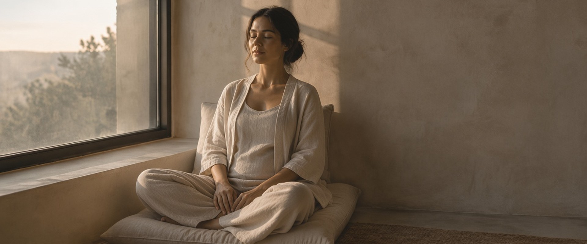 A woman sitting cross-legged on a floor cushion by a window, eyes closed, hands in her lap